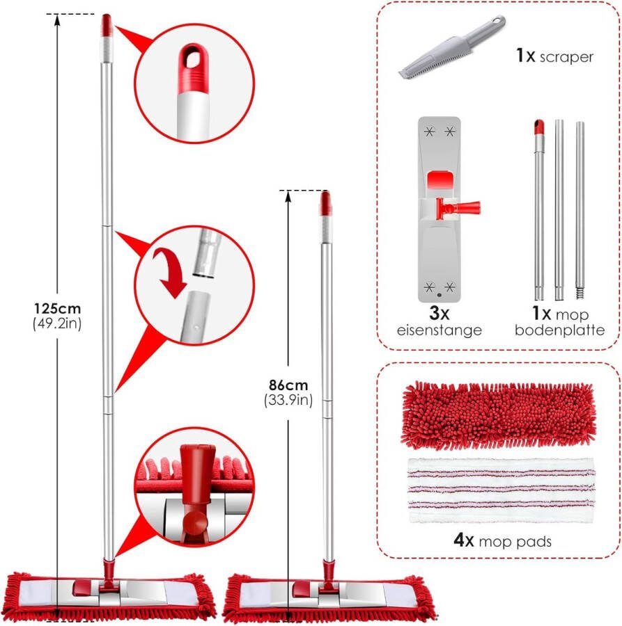Chenille Platte dweilmop van microvezel met 125 cm roestvrijstalen handgreep en 4 dweilpads platte mop voor hardhout laminaat tegelvloer verzenden 1 schraper