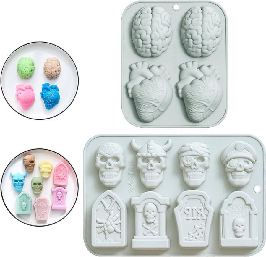 Chocolade vorm silliconen Gietvorm Halloween siliconen vormen 2 stuks Halloween cakevorm Hersenvorm Taartvorm Ijsvorm Schedelvormen