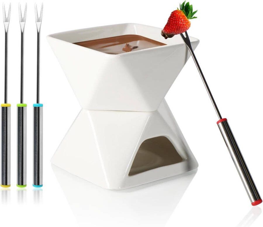 Chocoladefondueset smeltpan optimaal voor chocolade- kaas- en vleesfondue keramische schaal met theelichthouder en vier vorken smeltpot (wit vierkant)
