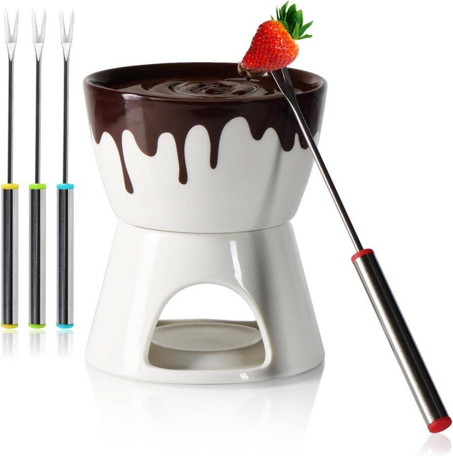 Chocoladefondueset smeltpan voor chocolade en kaas keramische schaal met theelichthouder en 4 vorken smeltkroes dessertdipschaal voor 4 personen smeltvat (wit bruin)