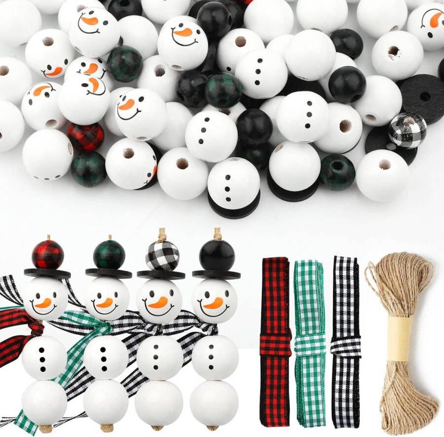 Christmas Wooden Beads 180st Kerst Geruite Houten Kralen Buffalo Geruite Kralen DIY Touw Sjaal Kerst Houten Kralen Ambachten Slinger Feest Decor Houten kralen met gezichtjes