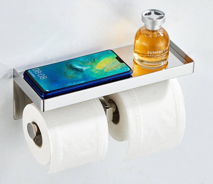 Chrome Toiletrolhouder voor 2 rollen met plankje – Zelfklevend of boren – wcpapier houder