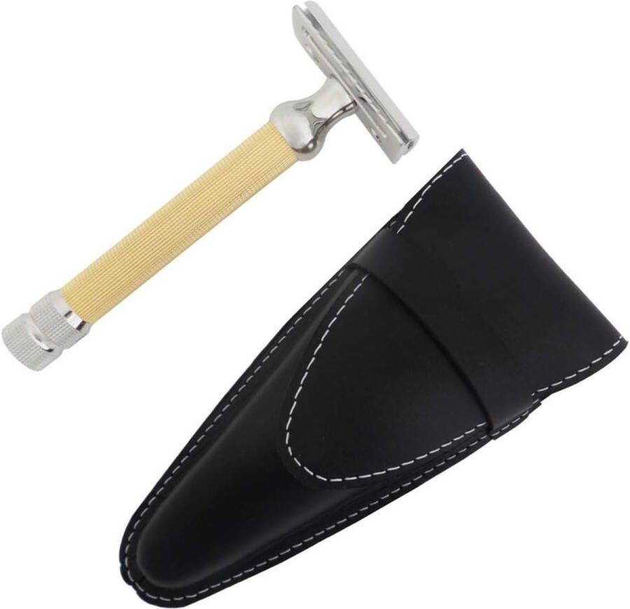 Chroom en goud gesloten kam veiligheidsrazor met lederen etui hoogwaardige kwaliteit
