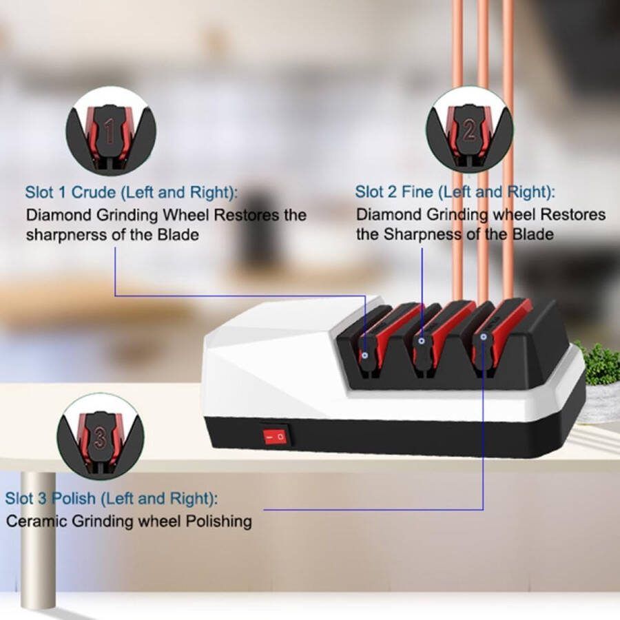 Chulovs Elektrische messenslijper 3-traps elektrische messenslijper voor rechte messen gekartelde messen en keramische messen. (Wit)