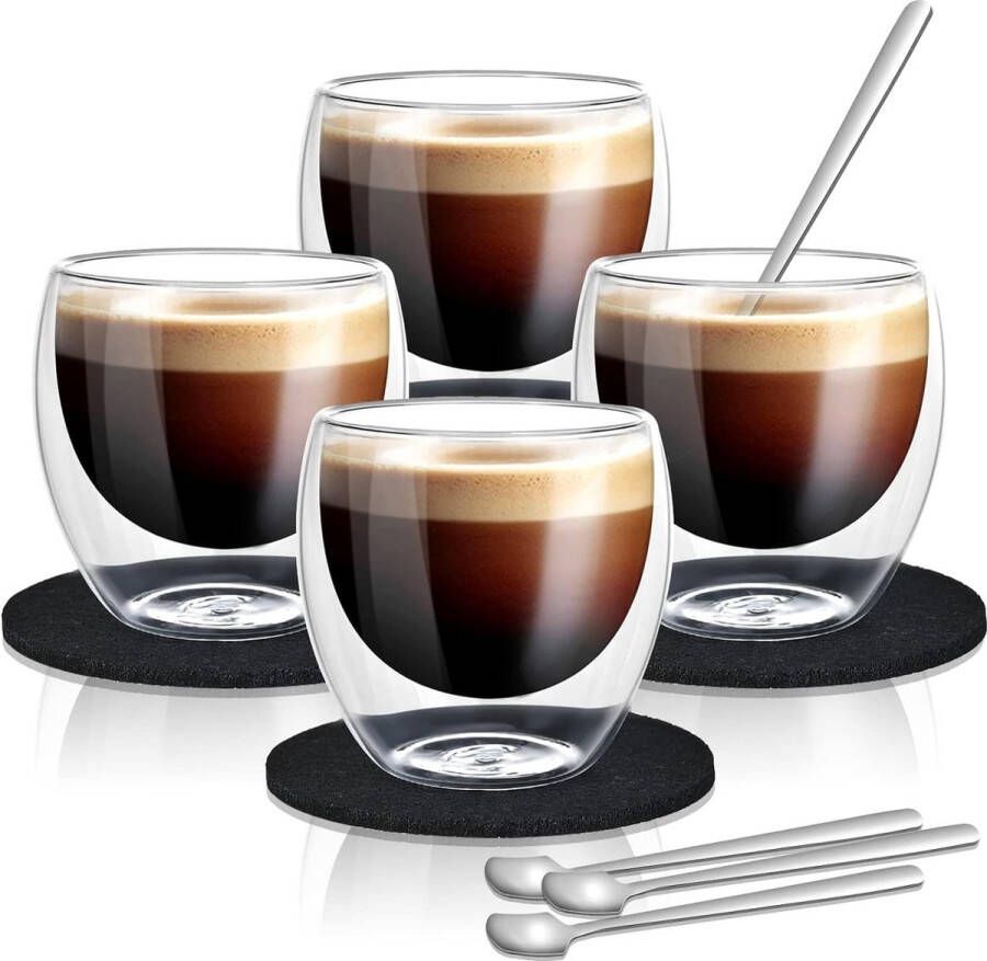 Cieex Double Wall Espresso Cup 80ml Set of 4 Espresso Cups with Spoon and Felt Coaster