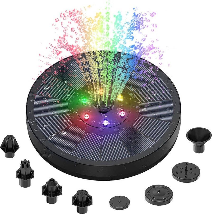 Circle Solar Fountain Pump 3W Water Fountain with 8 Types of Nozzles and 7 Colourful LED Lights Floating Pond Pump for Bird Drinking Aquarium