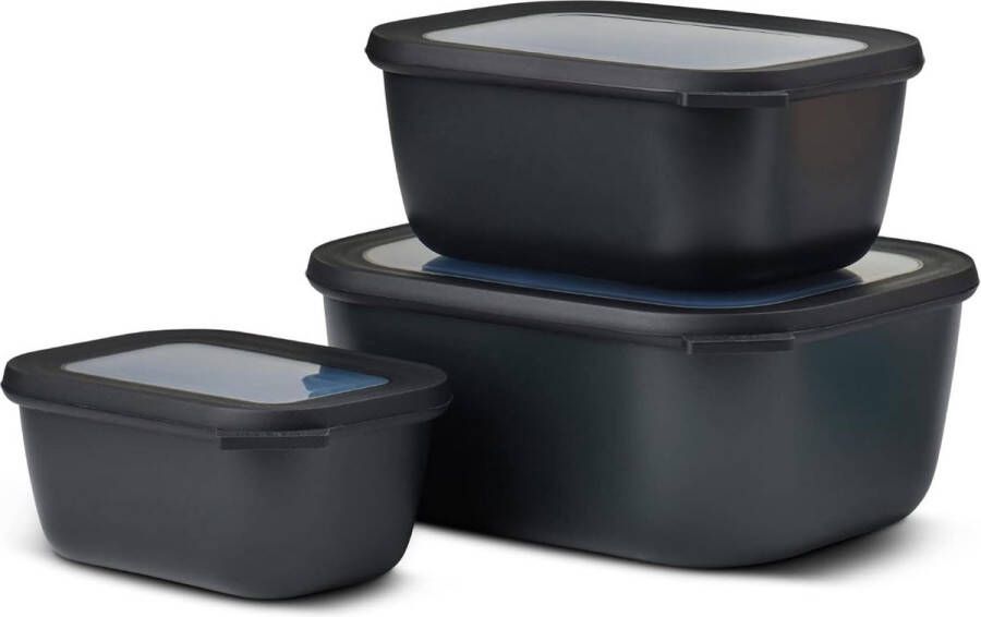 Cirqula multikom set 3-delig rechthoekig Nordic black – 750 1500 3000 ml – te gebruiken als voorraaddoos koelkastdoos vriesdoos magnetronservies en serveerschaal met deksel