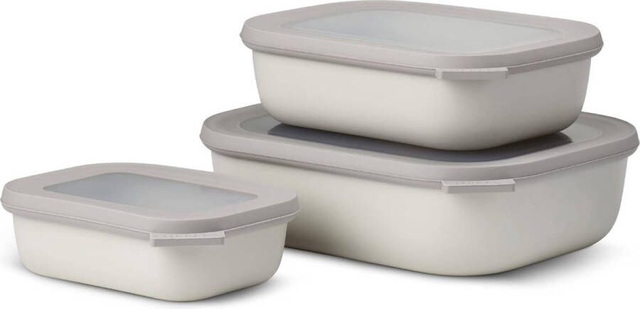 Cirqula multikom set 3-delig rechthoekig Nordic white – 500 1000 2000 ml – te gebruiken als voorraaddoos koelkastdoos vriesdoos magnetronservies en serveerschaal met deksel
