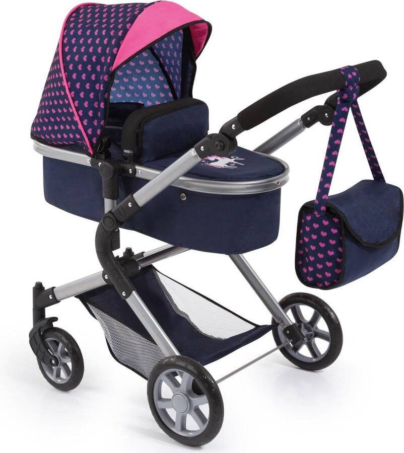 City Neo Poppenwagen wandelwagen verstelbare duwstang met tas blauw roze eenhoorn