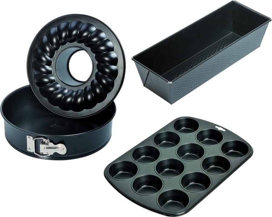 Classic set bakvormen 4-delig springvorm met platte en buisbodem 26 cm koningscakevorm 30 cm muffinvorm voor 12 muffins standaard muffinggrootte 7 cm anti-aanbaklaag