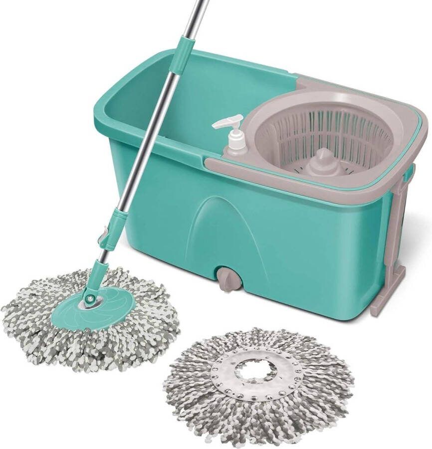 Classic Spin Mop Emmer op wielen Uitschuifbaar handvat Vloeibare dispenser Wringer set 360 draaiende dweil Vloerreinigings- en dweilsysteem met 2 microvezelvullingen Aquagroen