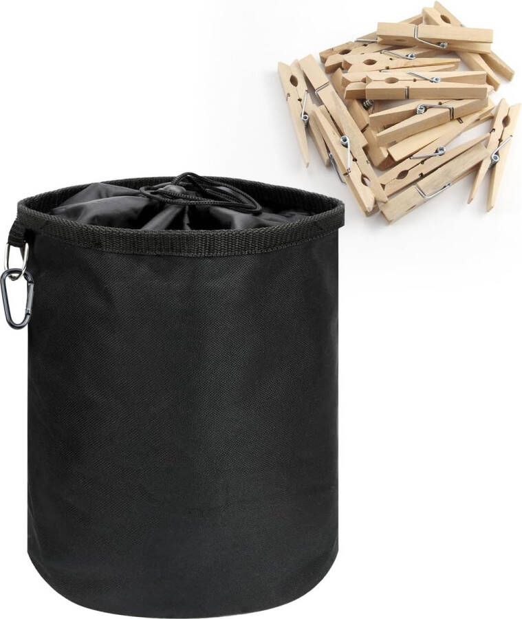 Cliptas voor wasknijpers met ophanghaken biedt plaats aan 100-150 clips wasknijperszak met sluitkoord waterdichte wasknijperszak zwart (28 x 20 x 20 cm)