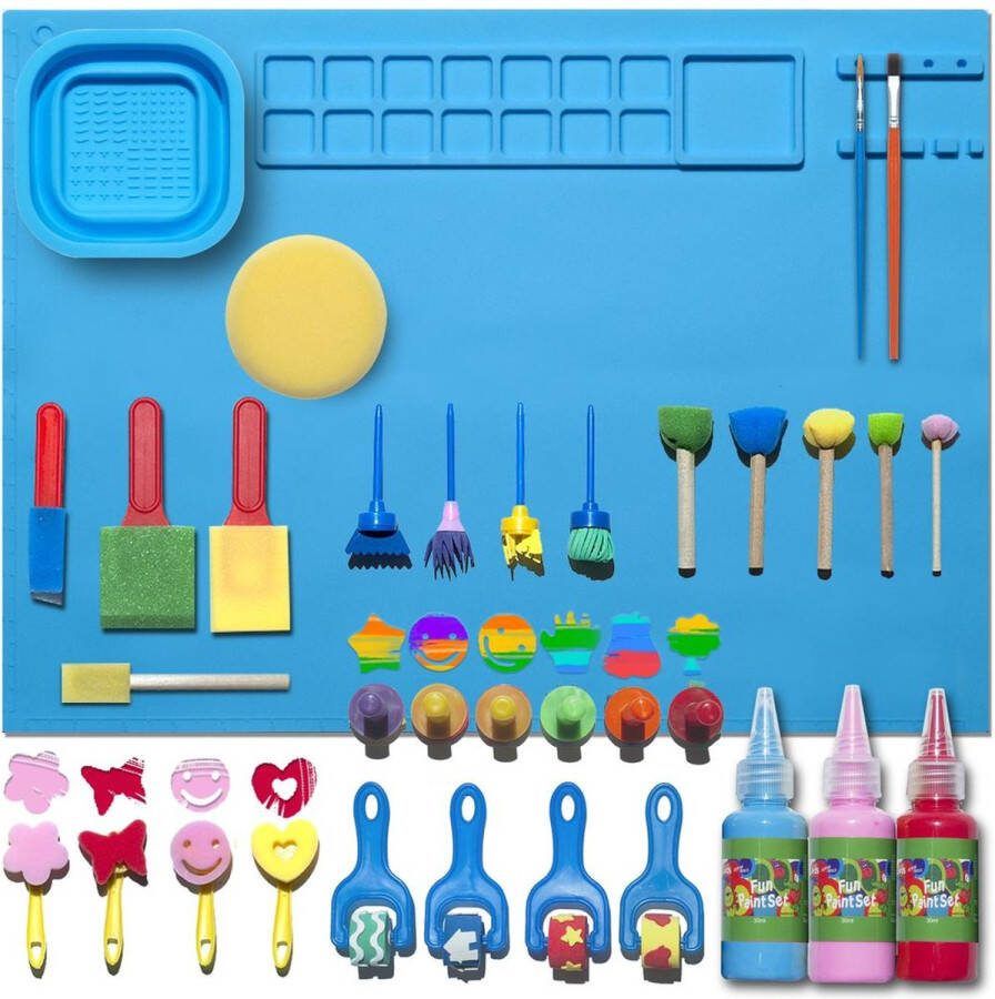 Cliste Tekenmat Art Station met 30 Brush en Stempels Accessoires en 3 wasbare vingerverf Verfmat Blauw Verfplacemat Verven Kinderen Art Set Creativiteitsdoos voor kinderen Knutselen Knutselplacemat Verfmat Siliconen