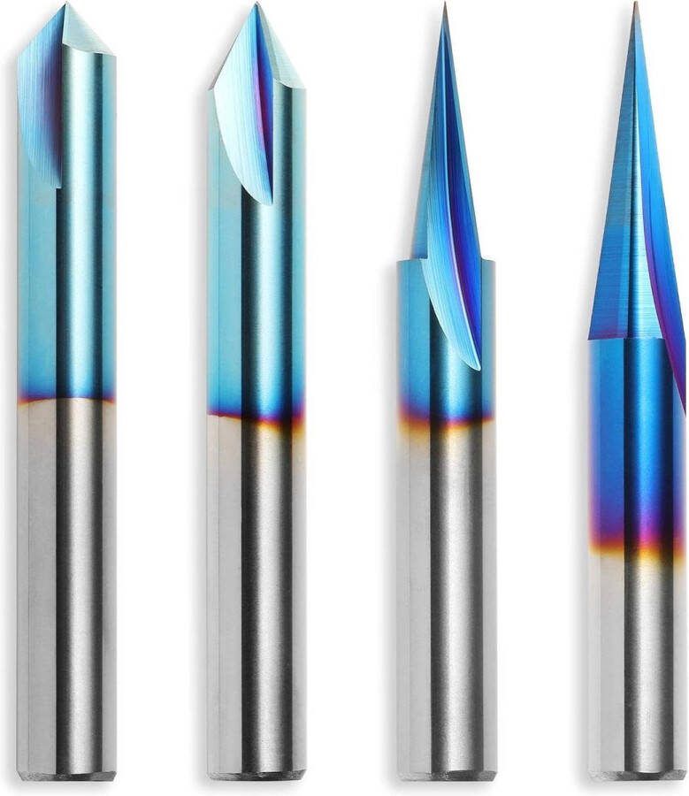 CNC Wood Carving Router Bits Set 1 4'' Shank 4pcs Detail Carving Liner 20°Profile bit 60°&90°V Groove Genmitsu WC04A