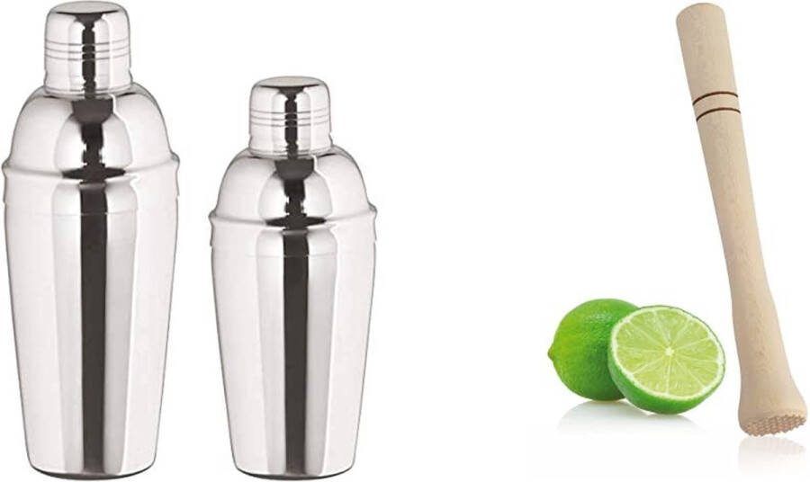 Cocktail Shaker 3-delig RVS met zeef 750 ml. gepolijst & Metaltex Cocktailstamper van hout 22 cm