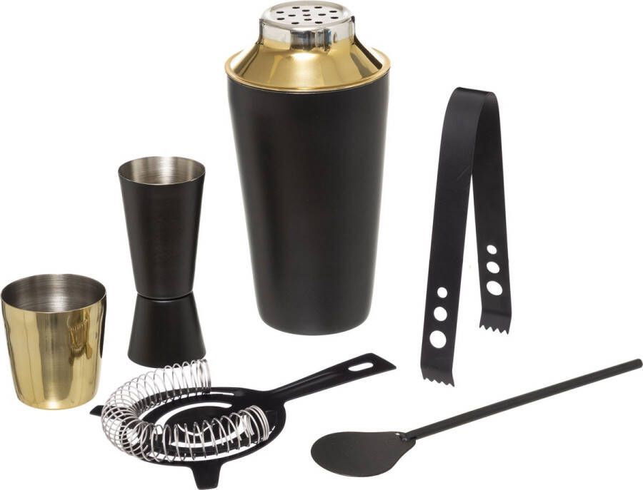 Secret de Gourmet RVS barset cocktailset giftset met cocktailshaker 6-delig zwart goud Cocktailshakers