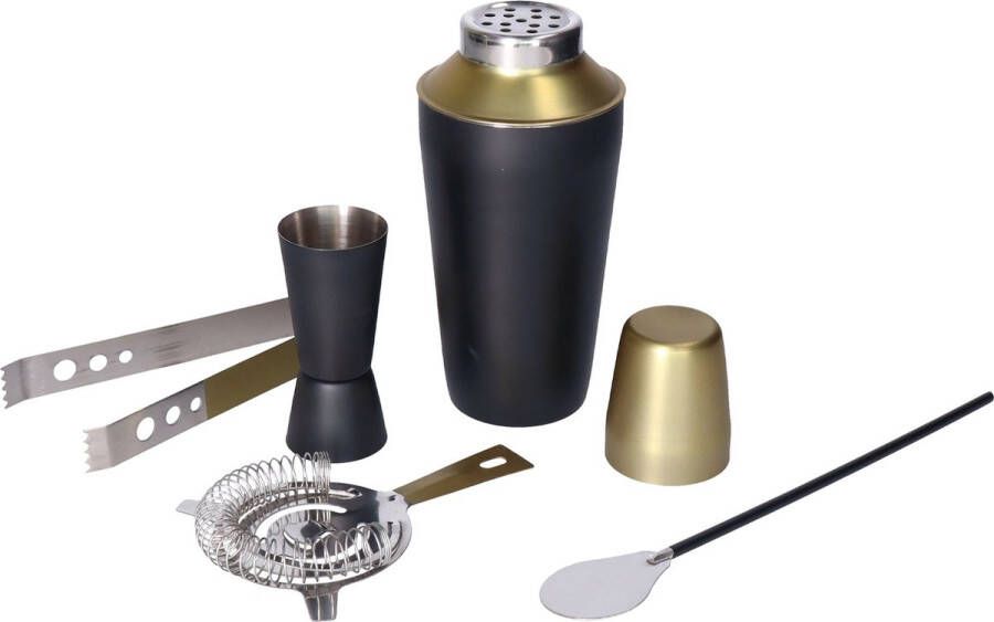 Secret de Gourmet RVS barset cocktailset giftset met cocktailshaker 6-delig zwart goud Cocktailshakers