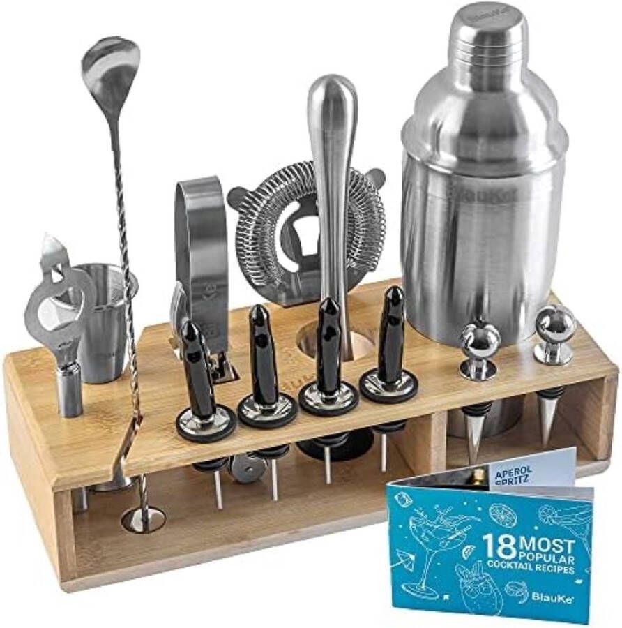 Cocktail Shaker Set Met Houder 17-Delige Mixologie Barkeeper Kit Bar Set 750Ml Martini Shaker Jigger Zeef Muddler Menglepel Tang Roestvrijstalen Bar Accessoires Voor Het Mixen Van Drankjes