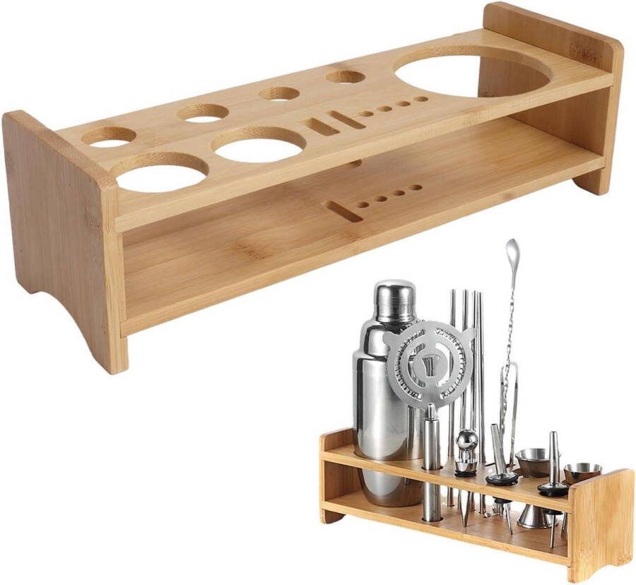 Cocktail Shaker Set met Houten Stand en Opbergrek Barman Kit met Bartending Tools Drink Mixer Accessoires Plank voor Bar Home