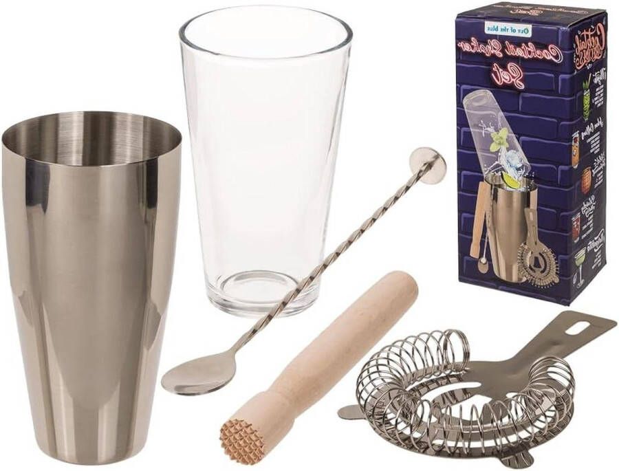 Cocktail Shaker Set roestvrijstalen beker en glas houten stamper lepel ijszeef geschenkverpakking