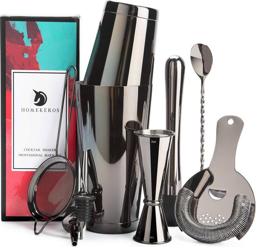 Cocktail shaker set zwart roestvrij staal 9-delige cocktailshaker set met Hawthorne barzeefset maatbeker barstamper barlepel en 2 wijnschenktuit