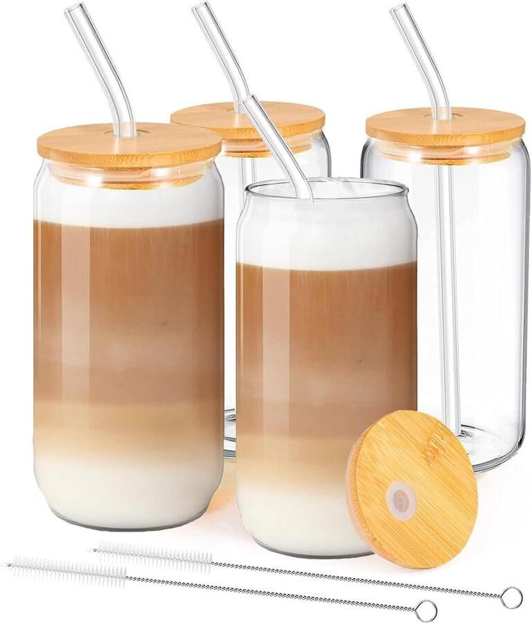 Cocktailglazen met deksel en rietje 4 stuks Frosted Beer Can Shape iced Coffee Glass blikvorm bierglazen drinkglazen Fancy Lunnix glas glazen beker voor water koffie cocktail smoothie soda feestelijke glazen