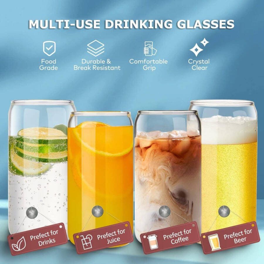 Cocktailglazen met Deksel en Rietje 4 stuks Iced Coffee Glass Blikvorm Bear Can Cocktailglazen Fancy Lunnix Glas Bierglazen in Blikvorm Ideaal voor Koffie Cocktail Smoothie Soda
