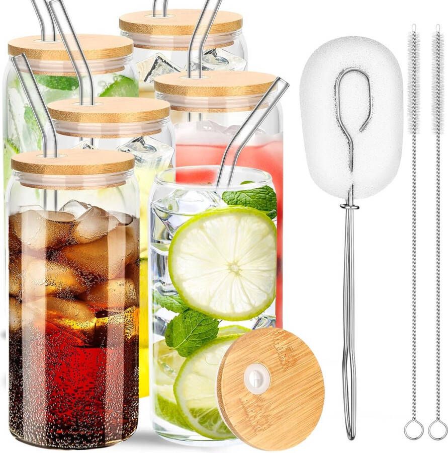 Cocktailglazen met deksel en rietje drinkglazen in blikvorm 473 ml glazen blikvorm glazen beker drinkglas voor Iced Coffee bier smoothies (6 stuks) douchewisser boren