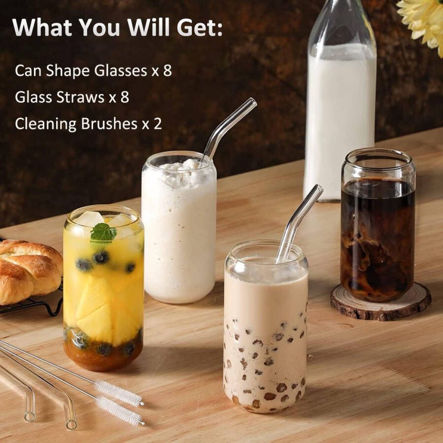 Cocktailglazen met Rietje 8 stuks Iced Coffee Glass Blikvorm Glazen Cocktailglazen Bierglazen in Blikvorm Ideaal voor Koffie Cocktail Smoothie Soda
