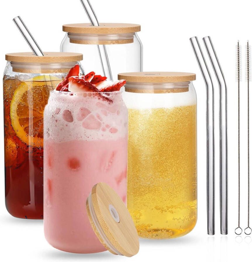 Cocktailglazen set van 4 bierglas 550 ml 19 oz longdrinkglas ijskoffieglazen met 4 bamboe deksels en rietje drinkglas in blikvorm voor familie camping feest bar