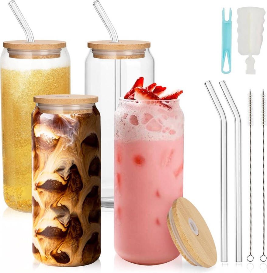 Cocktailglazen set van 4 glazen bekers met 4 deksels en rietje Iced Coffee Glass blikvorm 660 ml bierglazen cocktailglazen drinkglazen voor bier frisdrank matcha koude thee