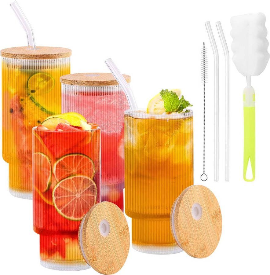 Cocktailglazen set van 4 longdrinkglazen koffieglas met deksel en rietje geribbelde glazen met 1 reinigingsborstel en 1 rietjesborstel drinkglazen in blikvorm voor familie party bar