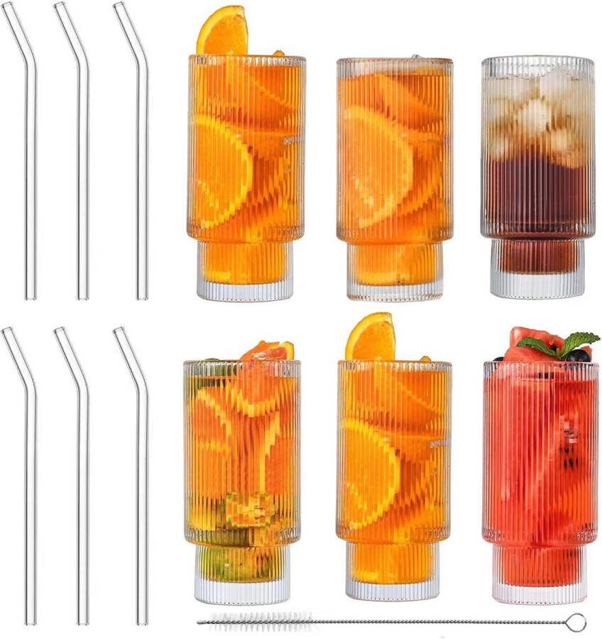 Cocktailglazenset geribbelde glazenset met glazen rietje longdrinkglazen ijskoffieglas origami-stijl glazen bekers voor familie camping party bar (vulhoogte: 310 ml) (verpakking van 6