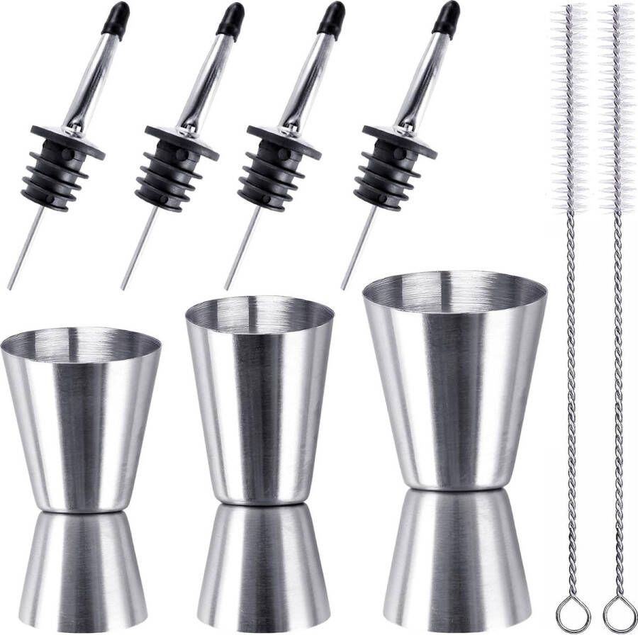 Cocktailmaatbekerset 3 stuks roestvrij stalen barmaatbekers jigger cocktail met 4 schenktuit en 2 borstels voor bar party wijn cocktail 20 40 ml 25 50 ml 30 60 ml