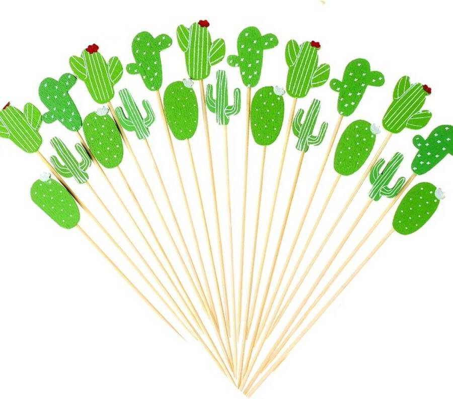 Cocktailprikkers houten figuurtje cactus 30 stuks Hawaii tropisch feest groen cactussen houten spiesje baboe