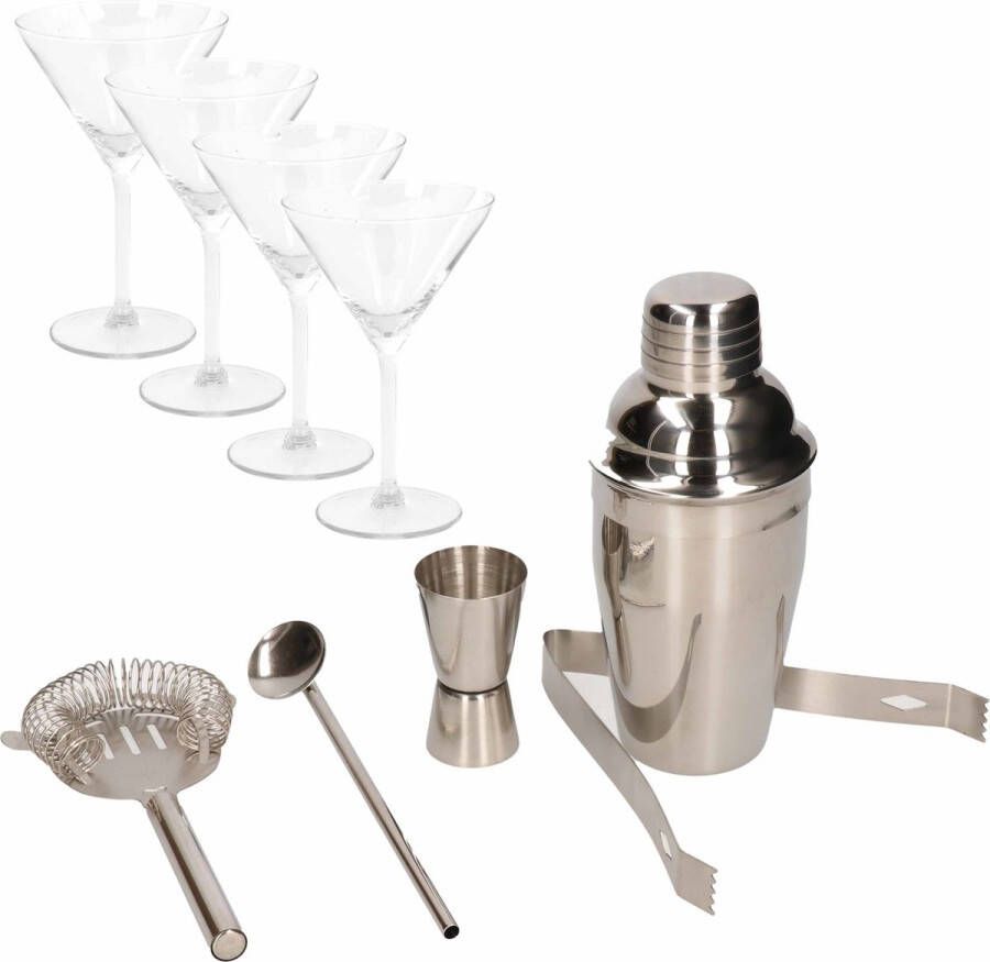 Merkloos Sans marque Cocktails maken set 5-delige cocktailshaker set met 4x luxe cocktailglazen Martiniglazen 260 ml