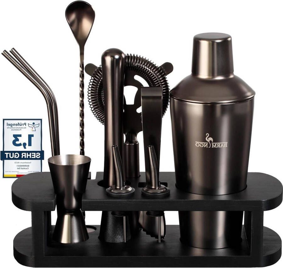 Cocktailset 11-delig roestvrijstalen cocktailshakerset met standaard 700 ml cocktailmixset en baraccessoires barkeeperset barset cadeauset zwart