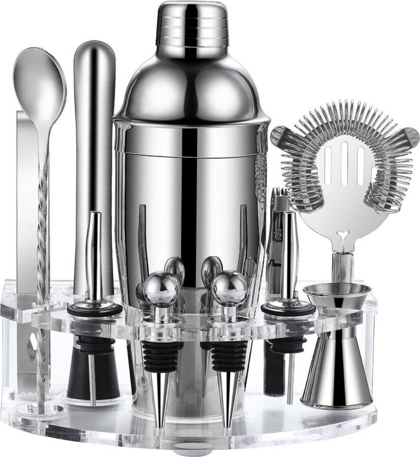 Cocktailset 12-delige Roestvrijstalen Cocktailset met Acryl Stand Professionele Barset voor Thuis Geschenken voor Cocktailliefhebbers Vrouwen Mannen Drink Mixer Set