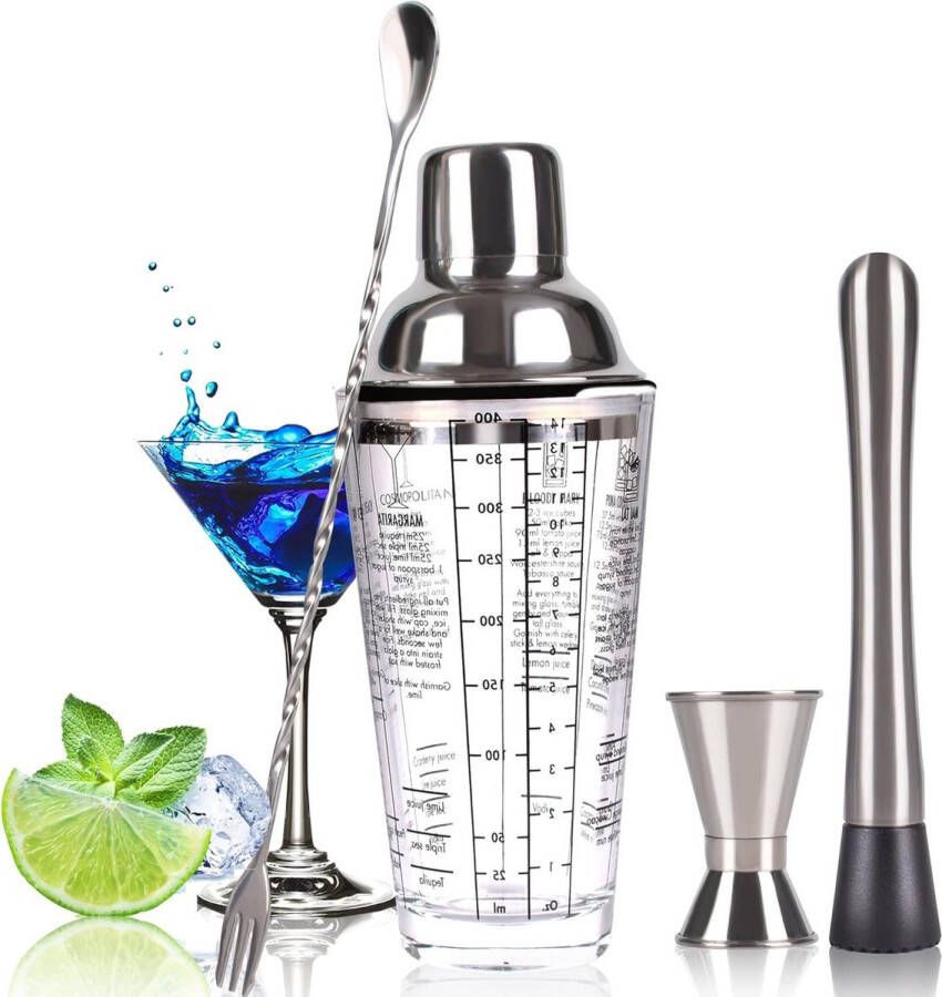 Cocktailset 14 oz glazen shaker-maatbeker-menglepel-bartender set roestvrij staal