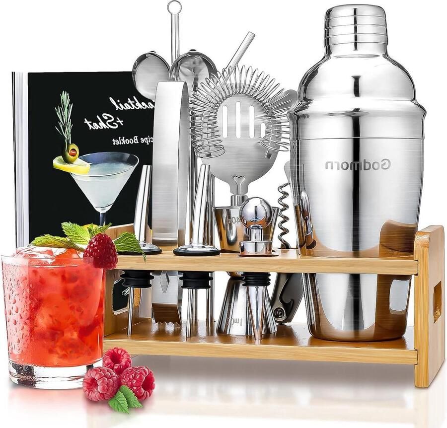 Cocktailset roestvrij staal 15-delige barkeeperset met bamboestandaard receptenboek maatbeker barlepel 550 ml cadeauset voor thuis of in de bar