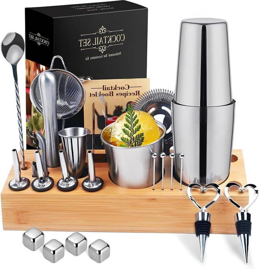 Cocktailset 16-delige cocktailshakerset met cocktail shaker jigger ijstang en cocktailmengset inclusief muddler flesopener en shaker-cocktailset bargereedschapset (zilver)