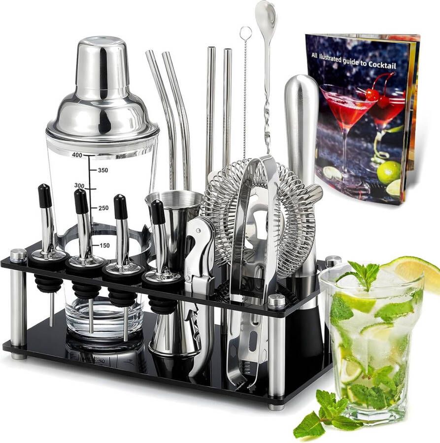 Cocktailset 17-delig met standaard en receptenboek cocktailshaker glas 400 ml barbecue-set roestvrij staal geschikt voor thuis bar feest Nieuwjaar en verjaardagscadeaus