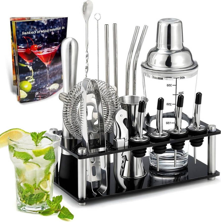 Cocktailset 17-delig met standaard en receptenboek Cocktailshaker Glas 450 ml Barbestekset Roestvrij staal Geschikt voor Thuis Bar Feest Nieuwjaar Verjaardagscadeaus