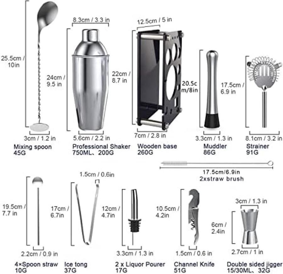 Cocktailset 17-delige barkeeperset 750 ml