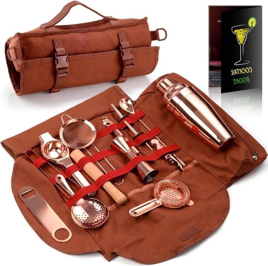 Cocktailset 17-delige koperen bargereedschapset draagbare bartas roségouden reisbarset