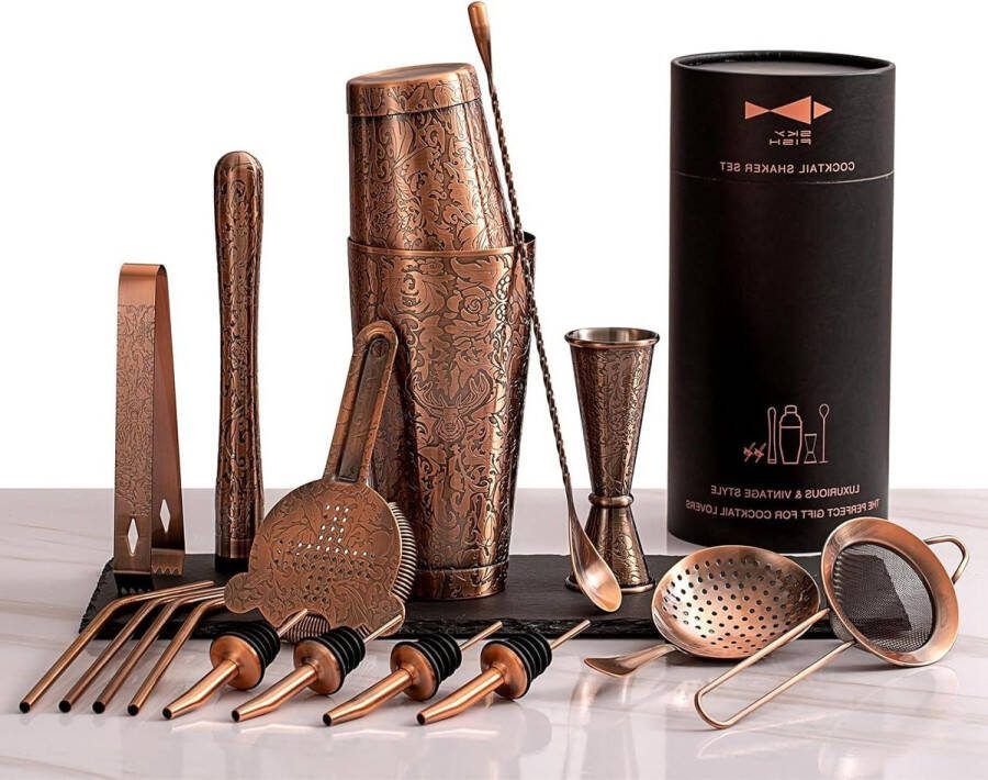 Cocktailset 18-delige barman kit met 3D reliëf ontwerp professionele barware set voor cocktailliefhebbers Handwas Antiek koper