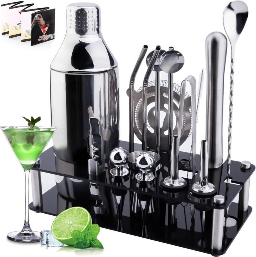 Cocktailset 18 stuks RVS Cocktail Accessoires Mix Set Feest Cocktail Shaker Set Professioneel Bar Accessoires Tool met Receptenboekje