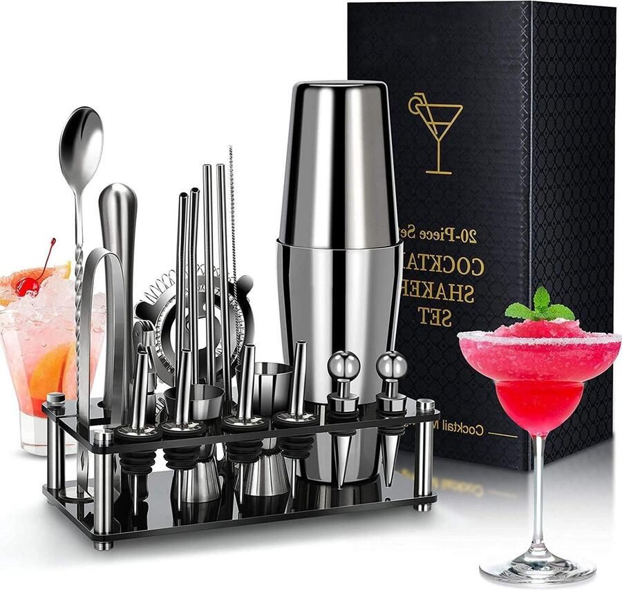 Cocktailset 20-delige Boston RVS Barman Kit met Acryl Stand & Cocktail Recepten Boekje Professionele Bar Gereedschap voor Drinken Mix