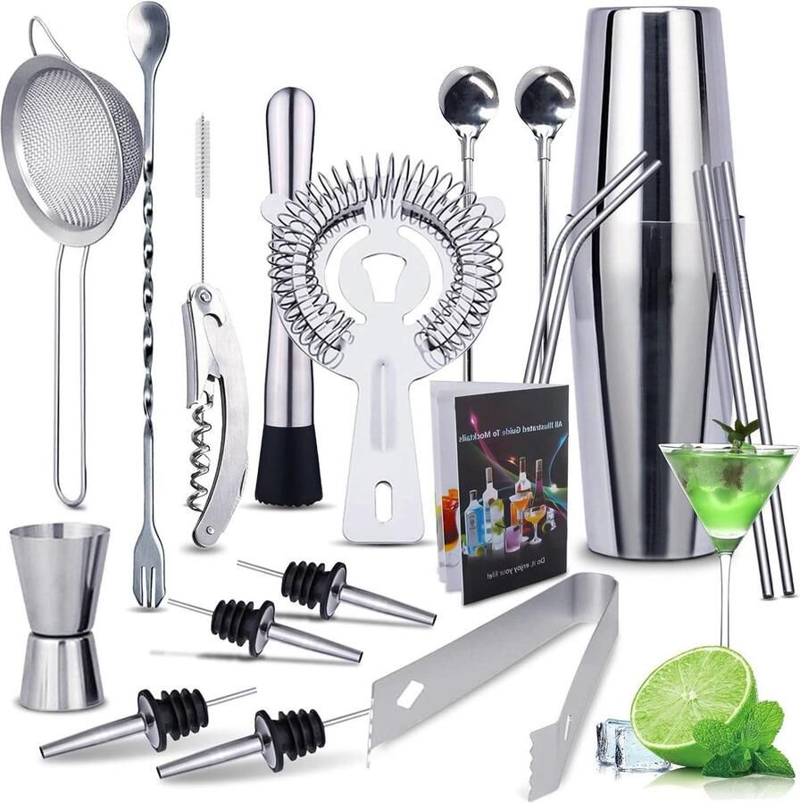 Cocktailset 20-delige roestvrij-stalen cocktailshakerset inox barkeeperset voor thuis bar met receptenboek cocktailmixset 750 ml cadeauset met receptenboek