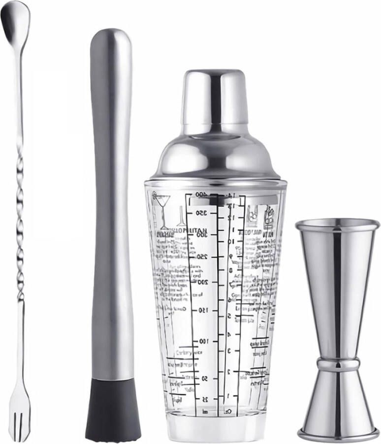Cocktailset 4 stuks 14 oz martini-glazen cocktailshaker met dubbele maatjigger (1 oz en 2 oz) cocktailmuddler en menglepel bartool bar-barman kit voor cocktails mojito's ijs fruitdranken